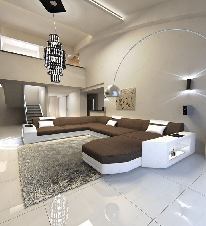 XXL Sofa Prato als Mini U Form Stoffsofa mit LED-Beleuchtung in hellbraun - Mineva5