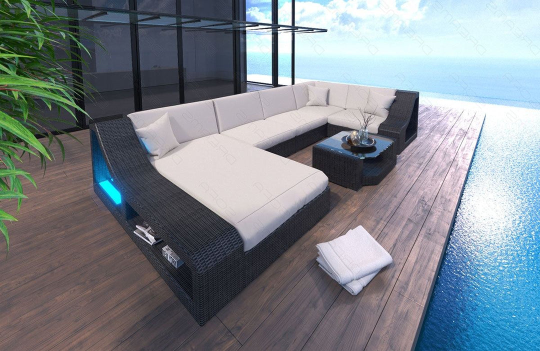 Rattan Sofa Turino U Form mit Polsterauflagen in creme und LED Beleuchtung