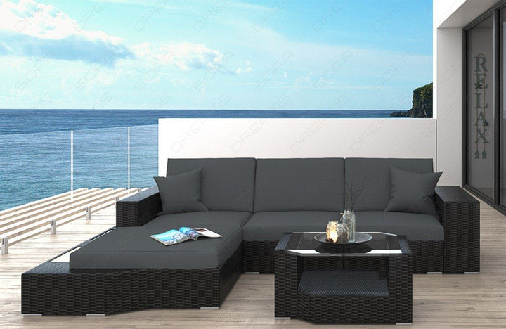 Rattan Sofa Messana L Form mit Polsterauflagen in Grau und LED-Beleuchtung 