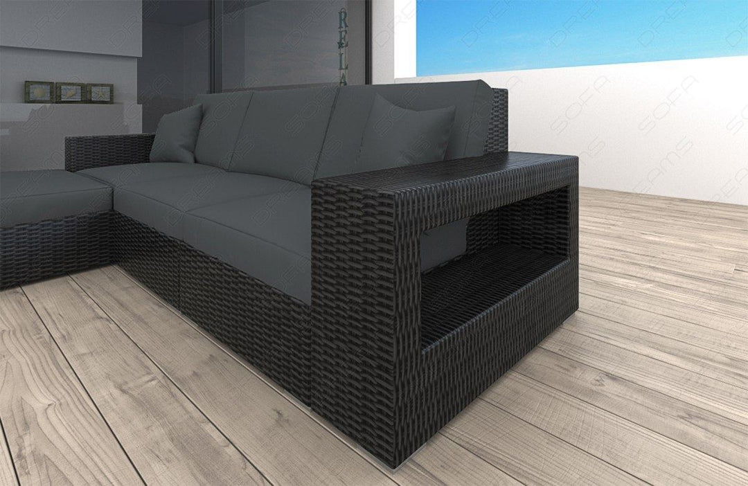 Rattansofa Messana L Form mit Polsterauflagen in Grau und LED-Beleuchtung - Detailansicht kleine Armlehne