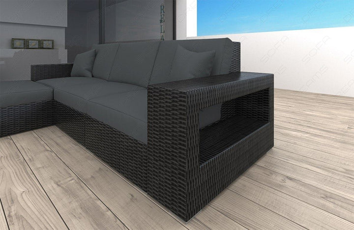 Rattansofa Messana L Form mit Polsterauflagen in Grau und LED-Beleuchtung - Detailansicht kleine Armlehne