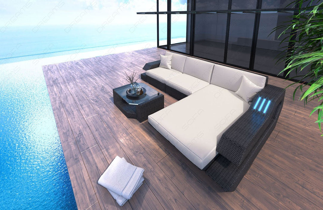Rattansofa Ravenna L Form mit Polsterauflagen in creme