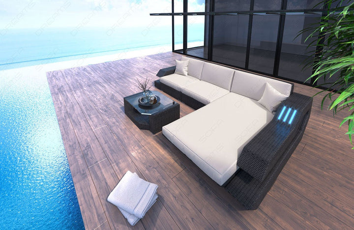 Rattansofa Ravenna L Form mit Polsterauflagen in creme