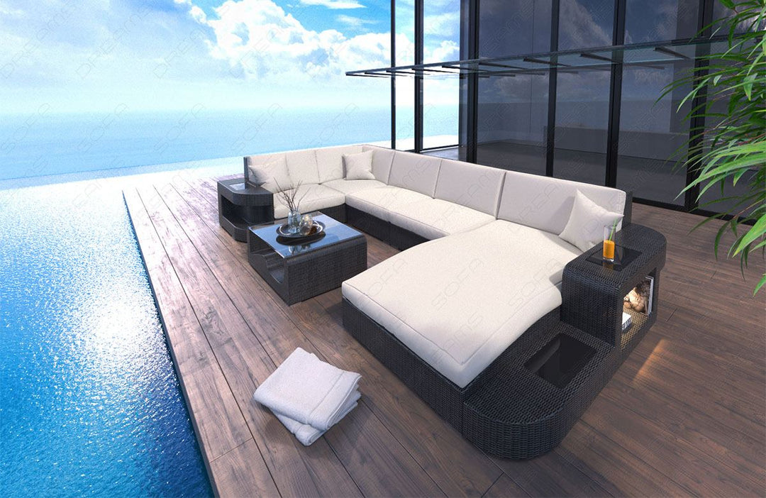 Rattan Sofa Wave U Form mit Polsterauflagen in Creme und LED-Beleuchtung
