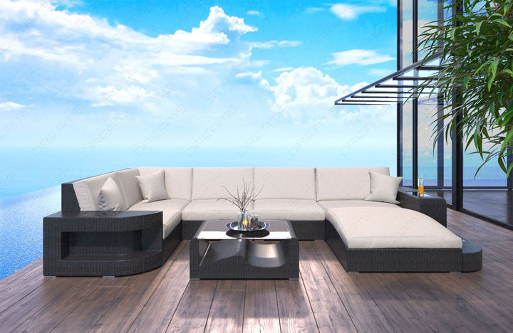 Design Rattansofa Wave U Form mit Polsterauflagen in Creme und LED-Beleuchtung - Detailansicht kleine Armlehne