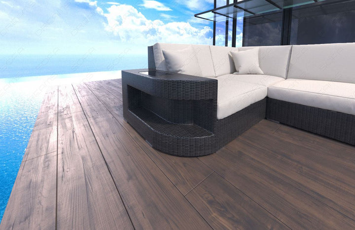 Rattan Loungesofa Wave U Form mit Polsterauflagen in Creme und LED-Beleuchtung - Detailansicht kleine Armlehne
