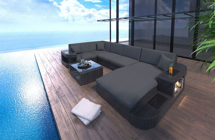Rattansofa Wave U Form mit Polsterauflagen in Grau und LED-Beleuchtung