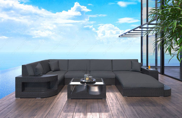Luxus Rattansofa Wave U Form mit Polsterauflagen in Grau und LED-Beleuchtung - Detailansicht kleine Armlehne