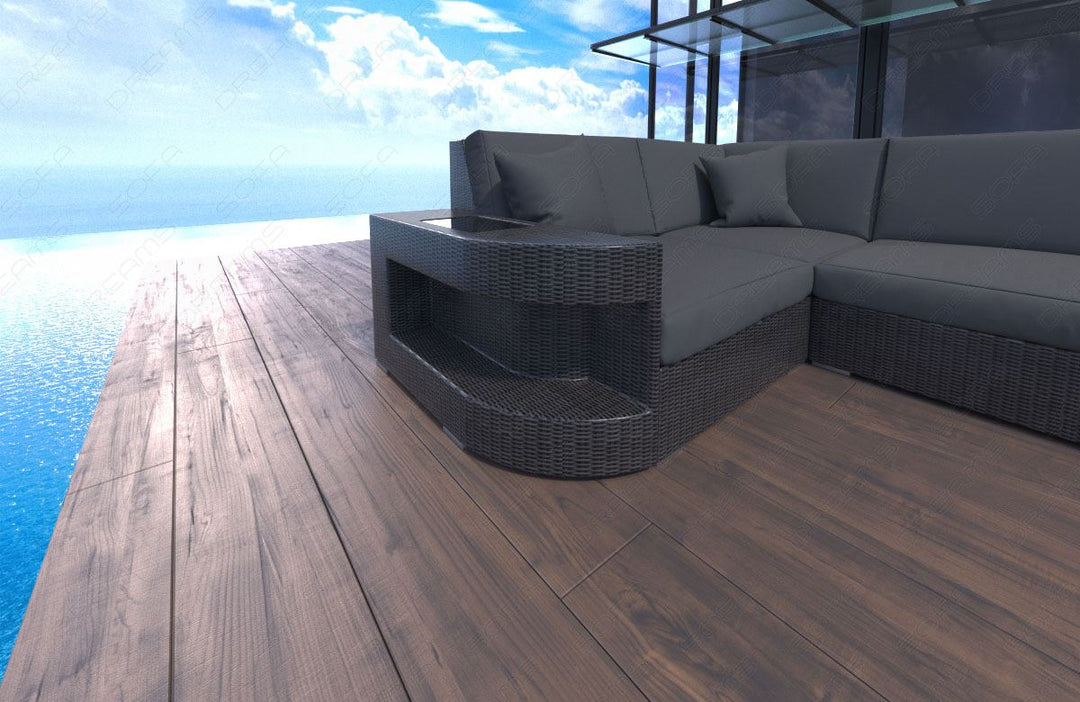 Rattansofa Wave U Form mit Polsterauflagen in Grau und LED-Beleuchtung - Detailansicht kleine Armlehne