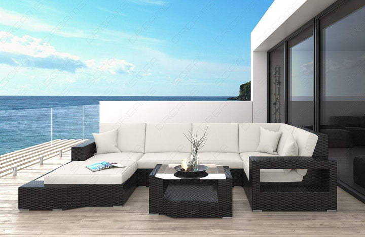 Design Rattansofa Messana U Form mit Polsterauflagen in Creme und LED-Beleuchtung
