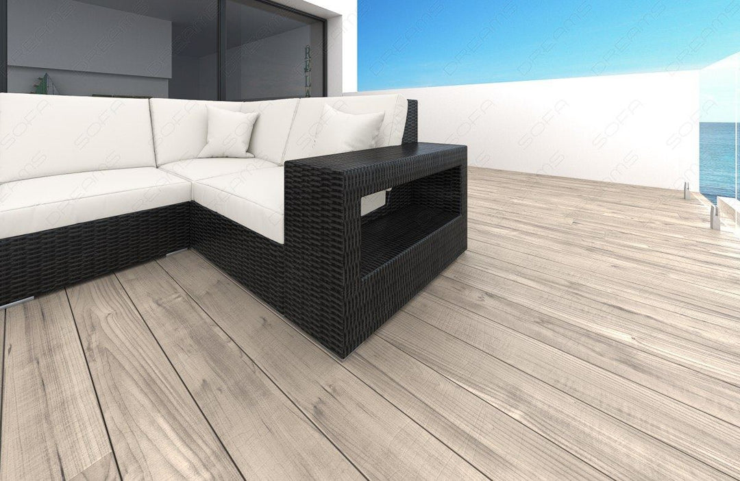 Rattansofa Messana U Form mit Polsterauflagen in Creme und LED-Beleuchtung - Detailansicht kleine Armlehne