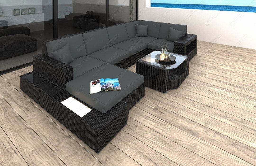 Rattansofa Messana U Form mit Polsterauflagen in Grau und LED-Beleuchtung