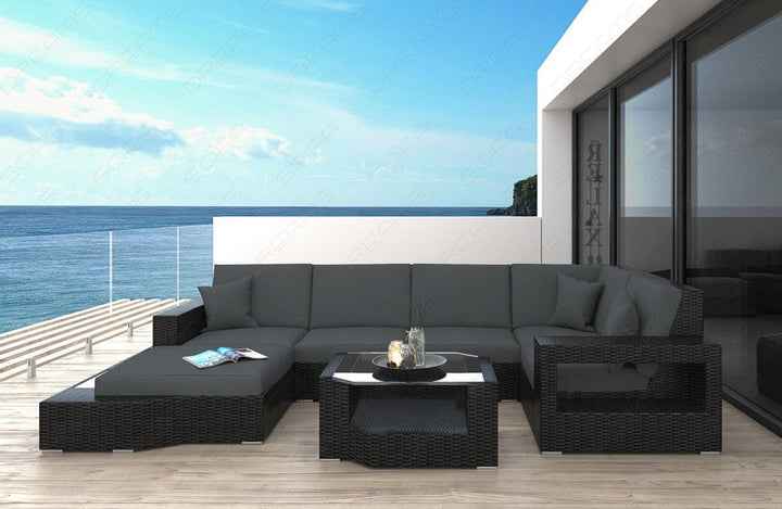 Modernes Rattansofa Messana U Form mit Polsterauflagen in Grau und LED-Beleuchtung