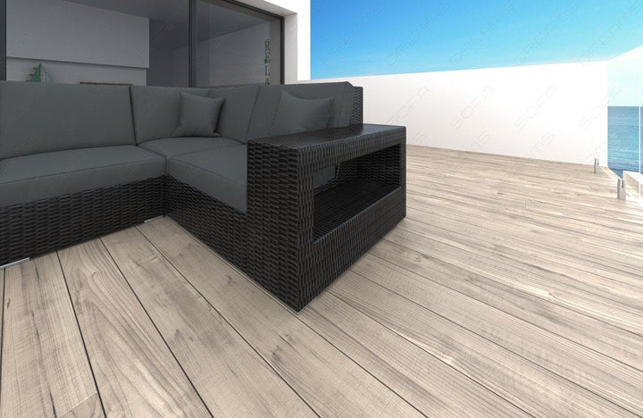 Rattansofa Messana U Form mit Polsterauflagen in Grau und LED-Beleuchtung - Detailansicht kleine Armlehne