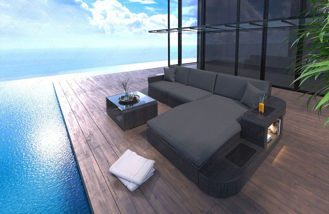 Rattan Ecksofa Wave L Form mit Polsterauflagen in Grau und LED-Beleuchtung