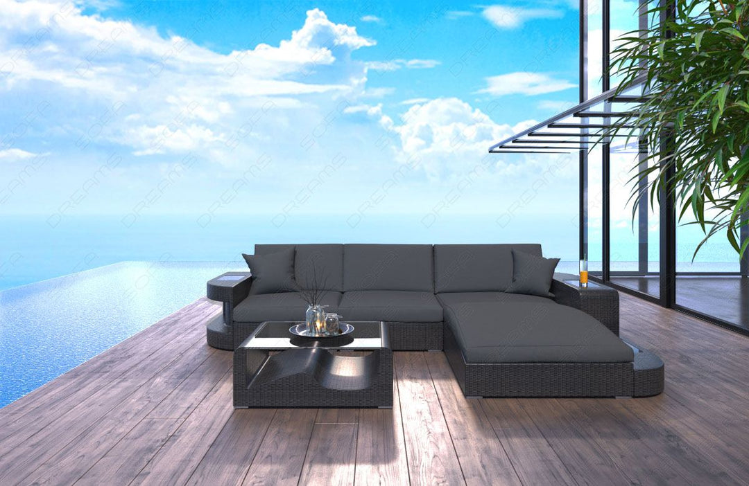 Design Rattan Ecksofa Wave L Form mit Polsterauflagen in Grau und LED-Beleuchtung