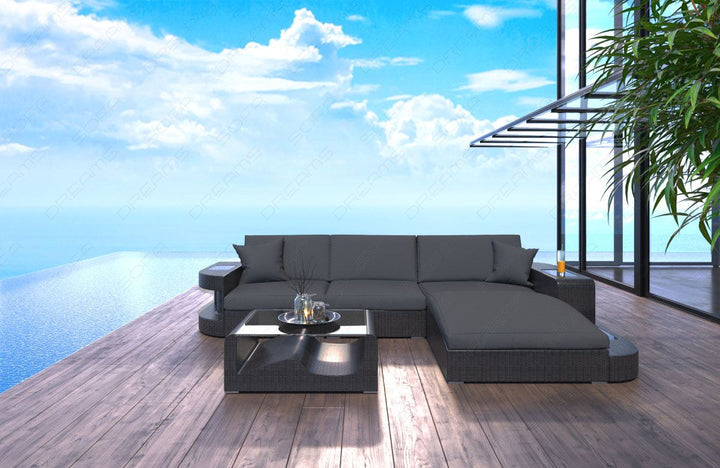 Design Rattan Ecksofa Wave L Form mit Polsterauflagen in Grau und LED-Beleuchtung