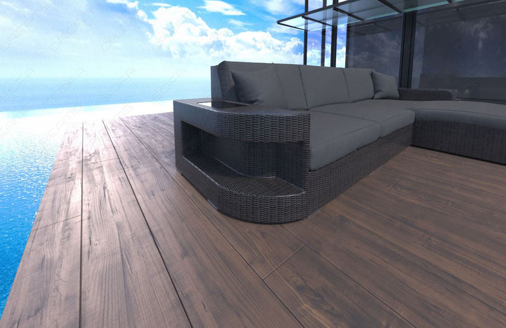 Rattan Ecksofa Wave L Form mit Polsterauflagen in Grau und LED-Beleuchtung - Detailansicht kleine Armlehne
