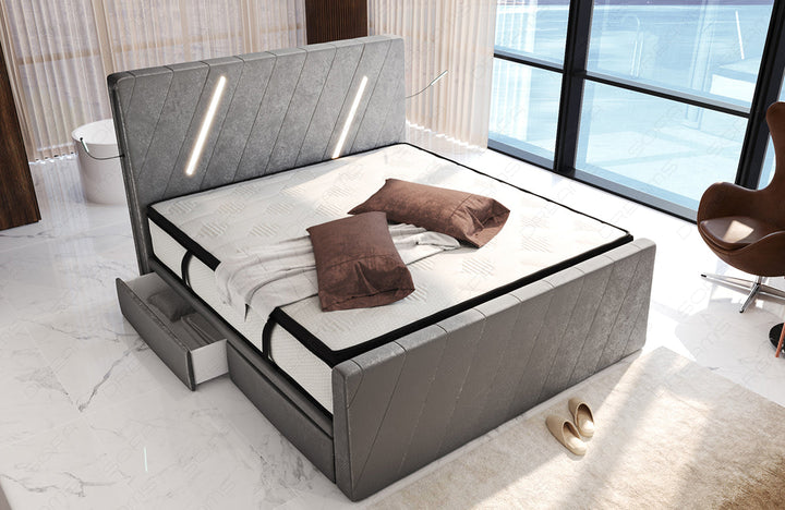 Samtstoff Boxspringbett Toulon mit LED und Schubladen in warmgrau - SunVelvet1024