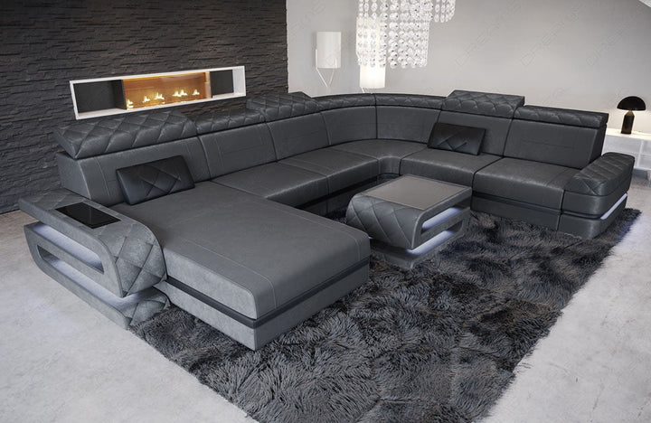 XXL Stoffsofa Bologna Mini U Form Sofa mit LED in silbergrau - SunVelvet1014 Akzentfarbe schwarz