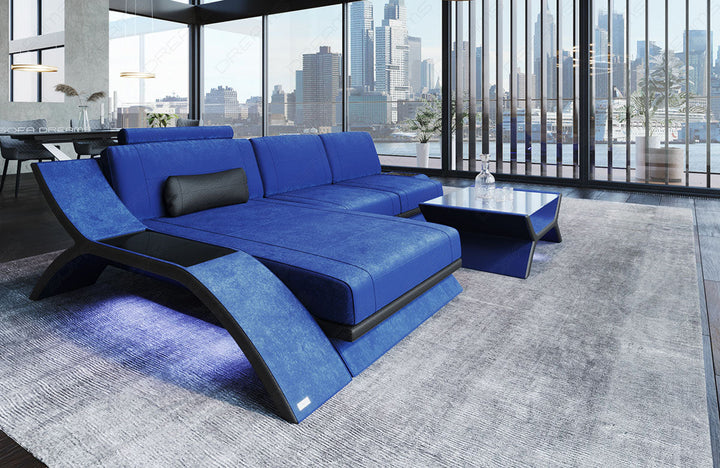 Samtstoff Ecksofa Calabria L Form modern in blau - SunVelvet1027