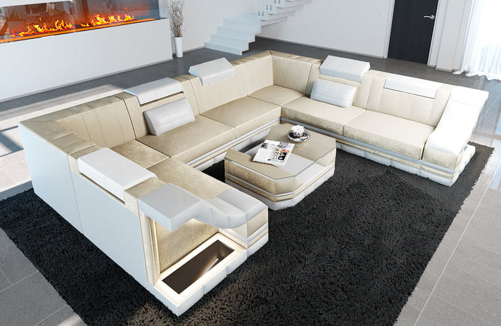 Samtstoff Polstersofa Bianchi U Form mit LED Beleuchtung in creme - SunVelvet1001