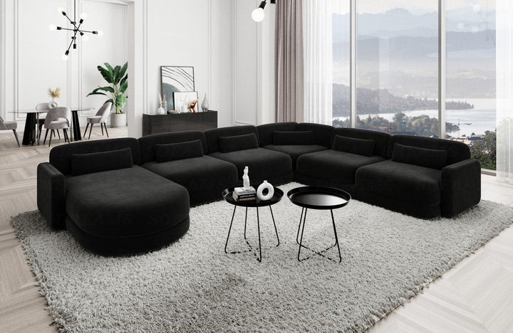 Polster Sofa Wohnlandschaft Valencia XXL mit Samtstoff Bezug - Schwarz
