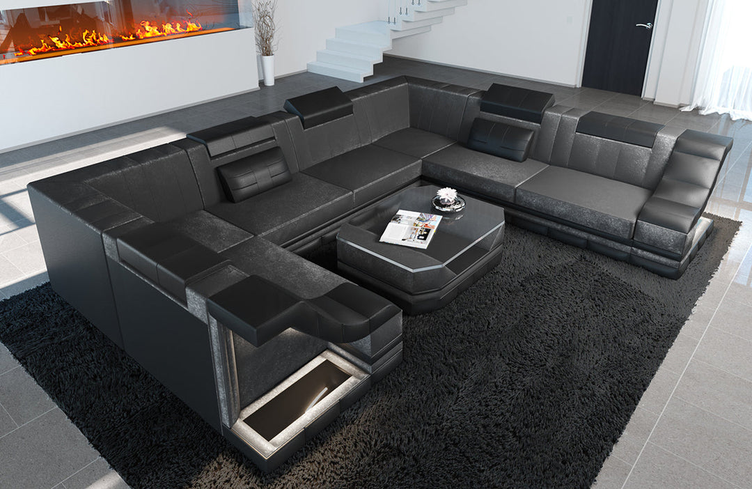 Samtstoff Polstersofa Bianchi U Form mit LED Beleuchtung in dunkelgrau - SunVelvet1030