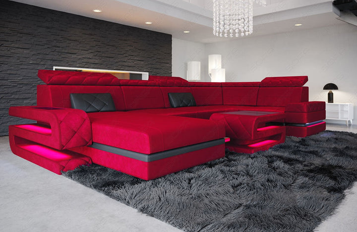 Design Samt Stoff Sofa Bologna U Form in rot - SunVelvet1010