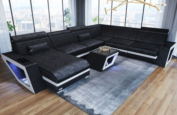 XXL Sofa Catania U Form Mini Stoffsofa mit LED in schwarz - SunVelvet1015