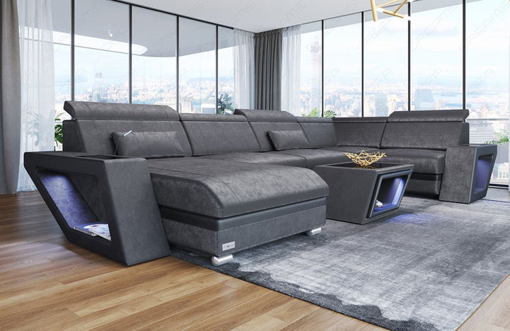 Mini U Form Stoffsofa Catania - Sofa mit USB und LED Licht - in dunkelgrau - SunVelvet1030