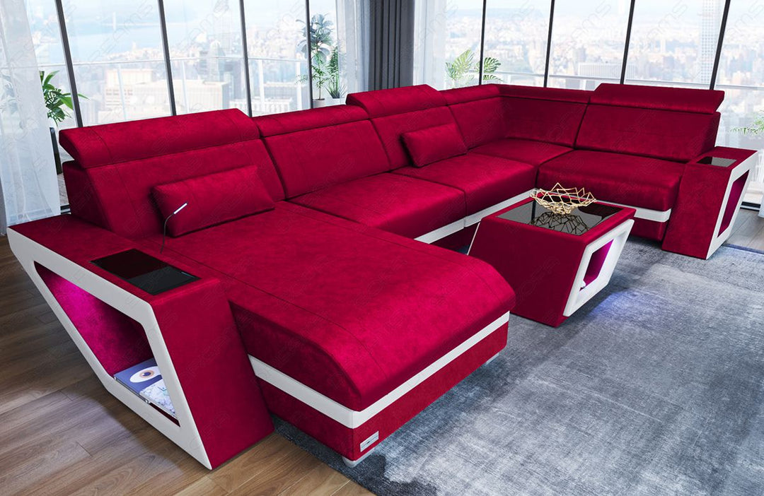 Mini U Form Stoffsofa Catania - Sofa mit USB und LED Licht - in dunkelrot - SunVelvet1006