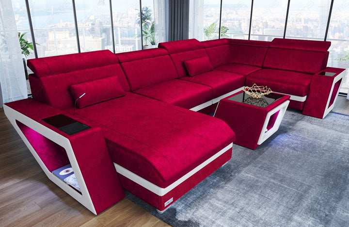 Mini U Form Stoffsofa Catania - Sofa mit USB und LED Licht - in dunkelrot - SunVelvet1006