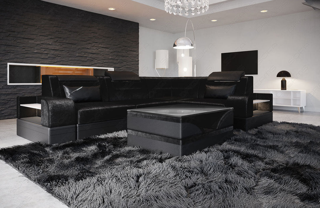 Mini L Form Sofa Trivento mit LED, USB und in Stoffbezug kurz in schwarz - SunVelvet1015 Samtstoff