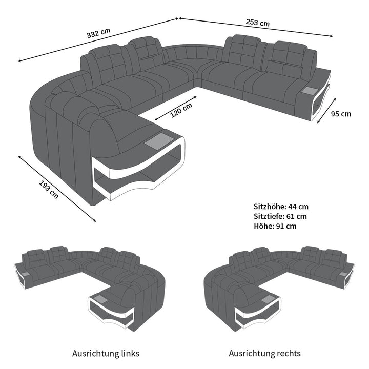 Die MaÃŸe fÃ¼r das U Form Ledersofa Elena mit LED Beleuchtung