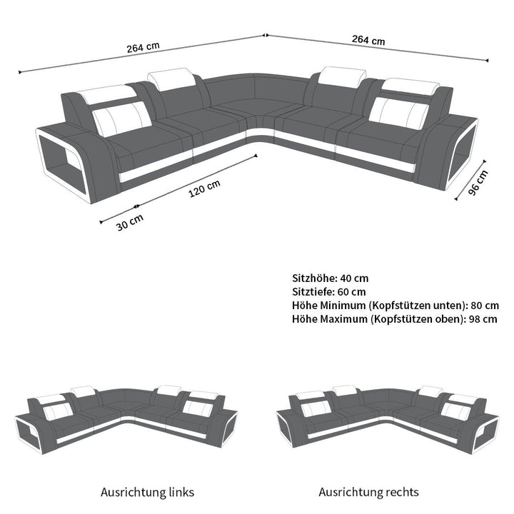Abmessungen bzw. MaÃŸe vom L Form Mini Ledersofa Foggia mit LED und USB
