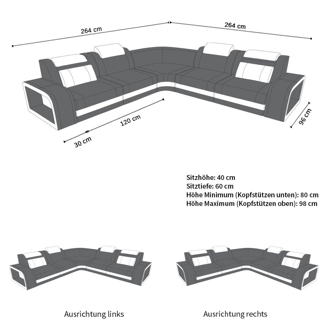 MaÃŸe vom Sofa Foggia Mini L Form mit LED und Stoffbezug