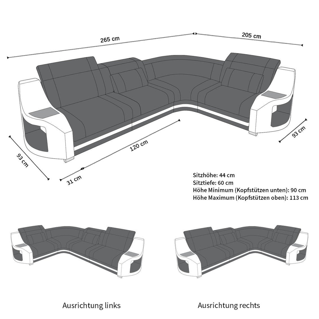 Die MaÃŸe von unserem Mini Ledersofa Genua in der L Form