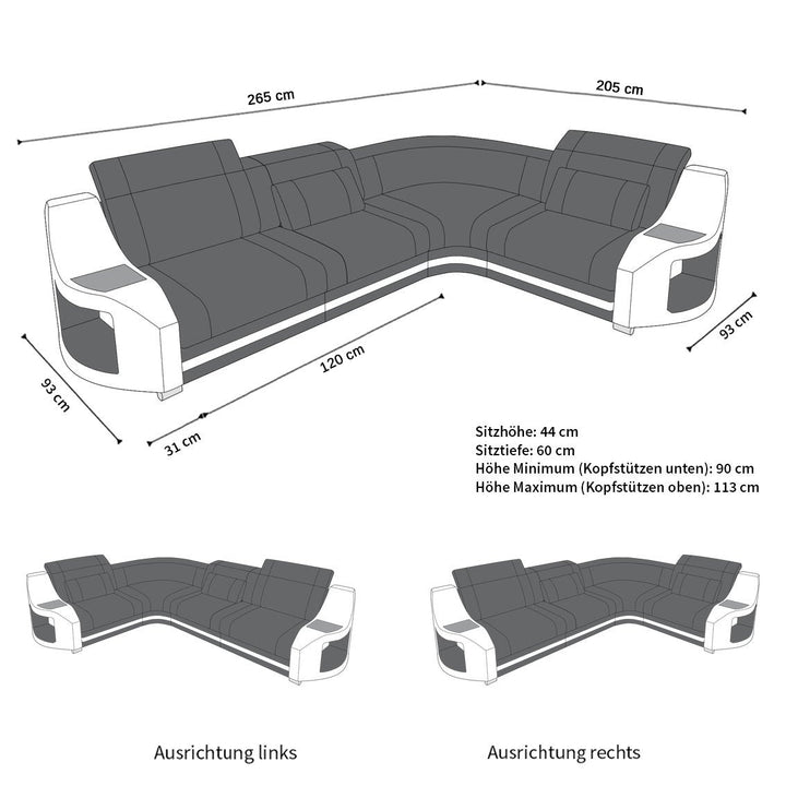 Die MaÃŸe von unserem Mini Ledersofa Genua in der L Form