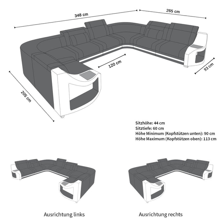Die Abmessungen bzw. MaÃŸe fÃ¼r das U Form Mini Ledersofa Genua mit USB und auch LED