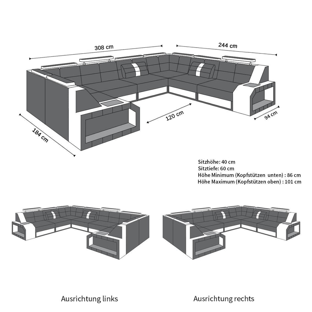 Die MaÃŸe bzw. Abmessungen fÃ¼r das U Form Mini Ledersofa Pesaro mit LED und USB Anschluss