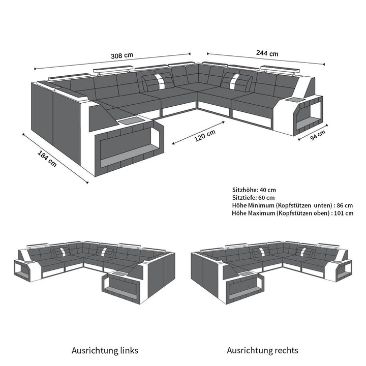 Die MaÃŸe bzw. Abmessungen fÃ¼r das U Form Mini Ledersofa Pesaro mit LED und USB Anschluss