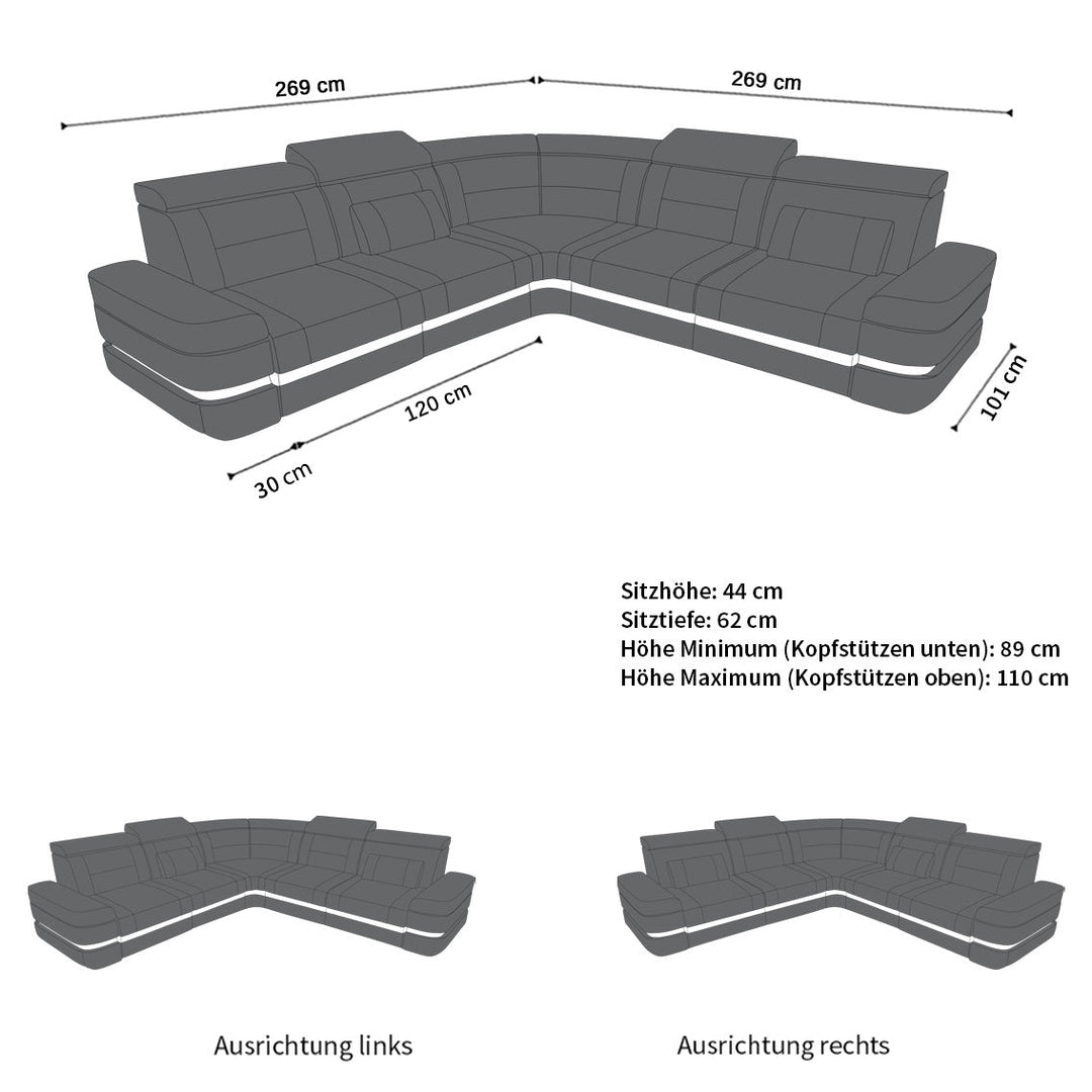 Das Mini Ledersofa Positano in der L Form - Die MaÃŸe