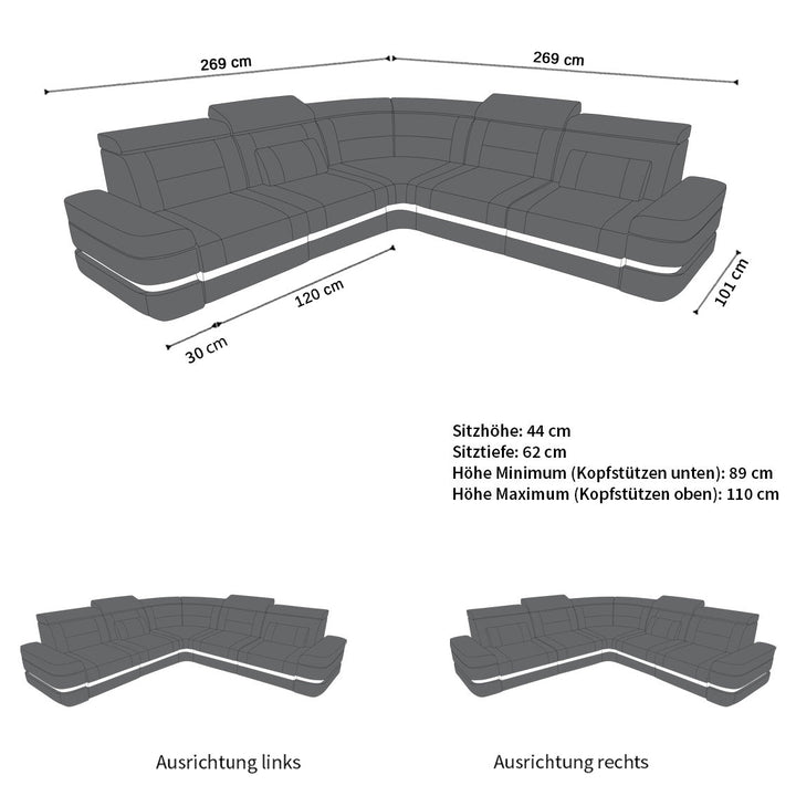 Das Mini Ledersofa Positano in der L Form - Die MaÃŸe