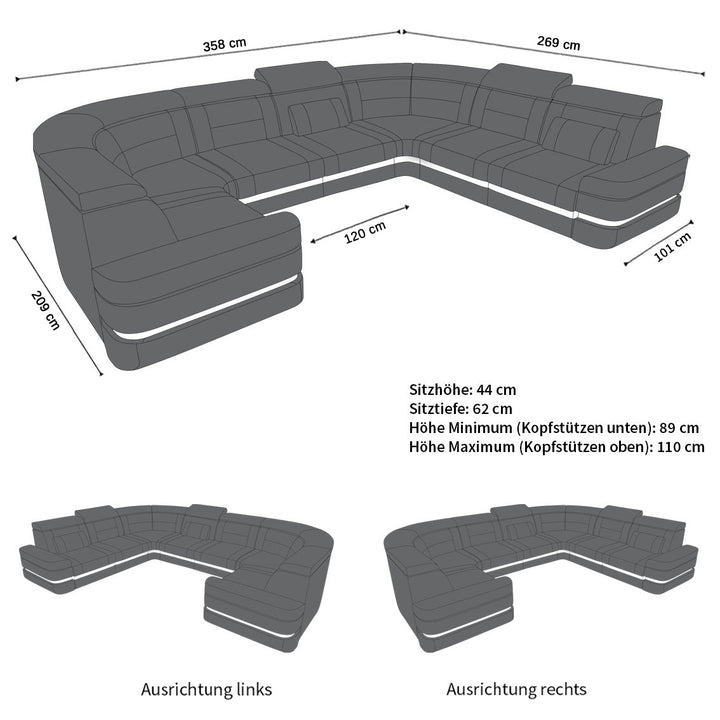 MaÃŸe fÃ¼r das U Form Mini Ledersofa Positano