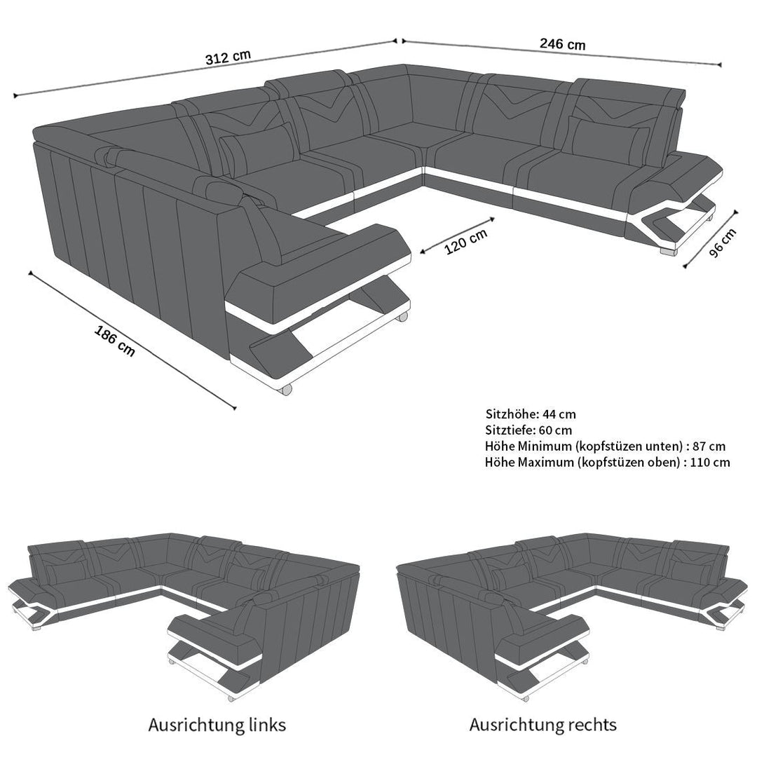 Die Abmessungen bzw. MaÃŸe fÃ¼r das Mini Ledersofa Sorrento U Form mit LED und USB