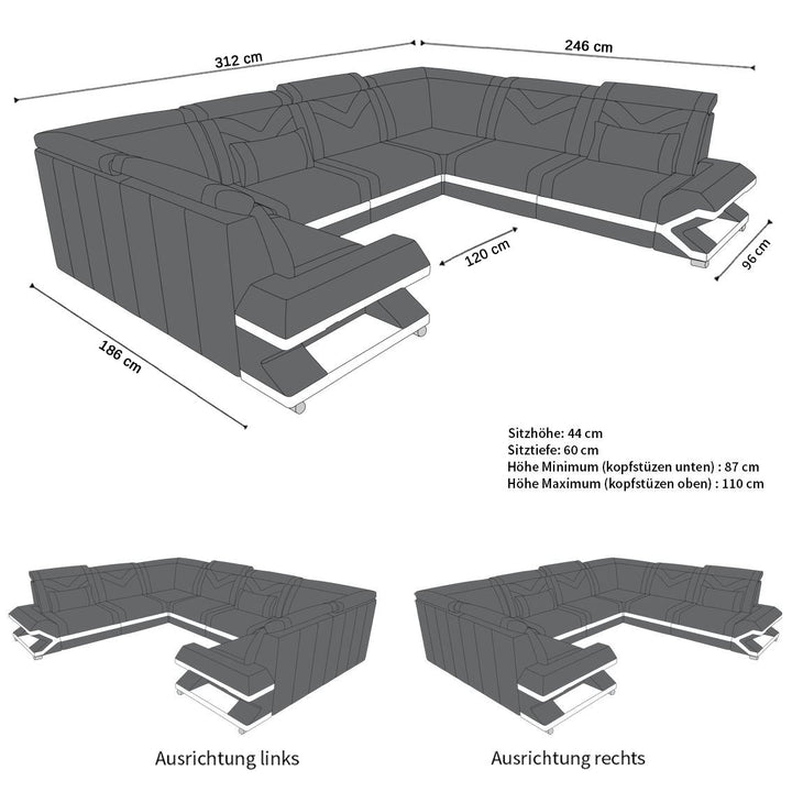 Die Abmessungen bzw. MaÃŸe fÃ¼r das Mini Ledersofa Sorrento U Form mit LED und USB