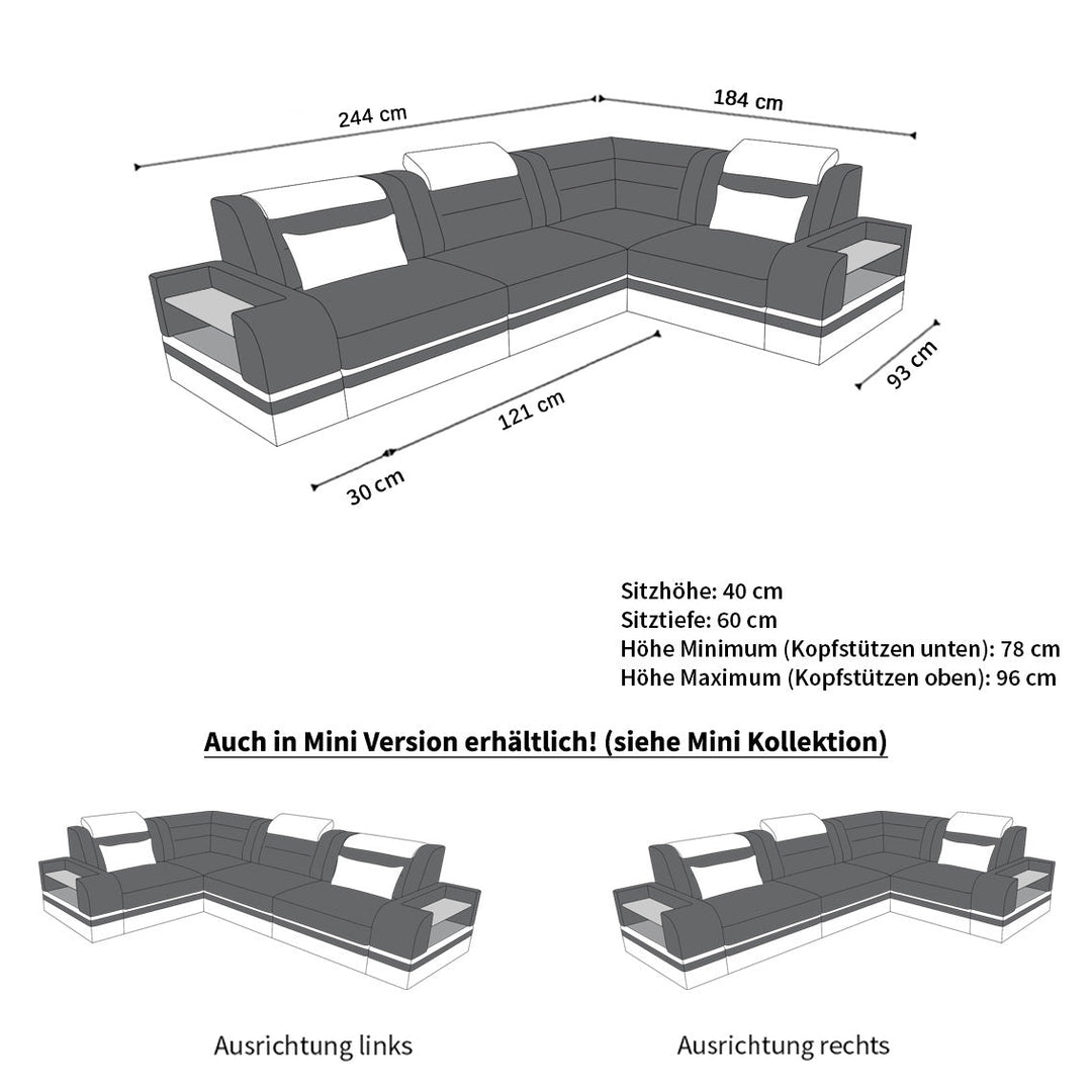 Die Abmessungen und MaÃŸe vom Ledersofa Trivento Mini L Form Kurz mit LED