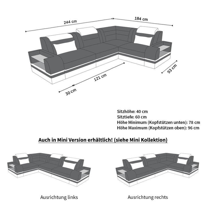 Die MaÃŸe vom Mini L Form Sofa Trivento mit LED, USB und in Stoffbezug