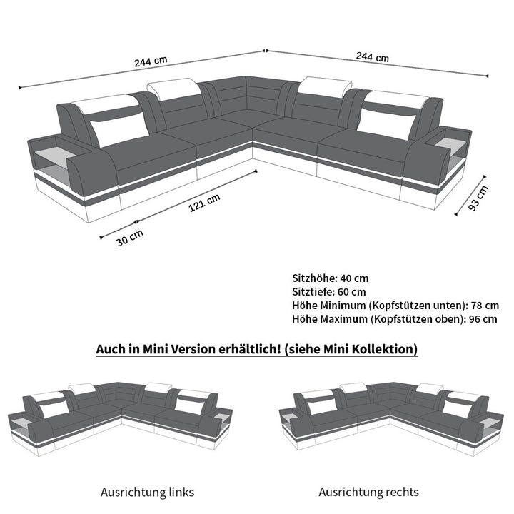 Abmessungen bzw. MaÃŸe vom Ledersofa Trivento Mini L Form mit Beleuchtung